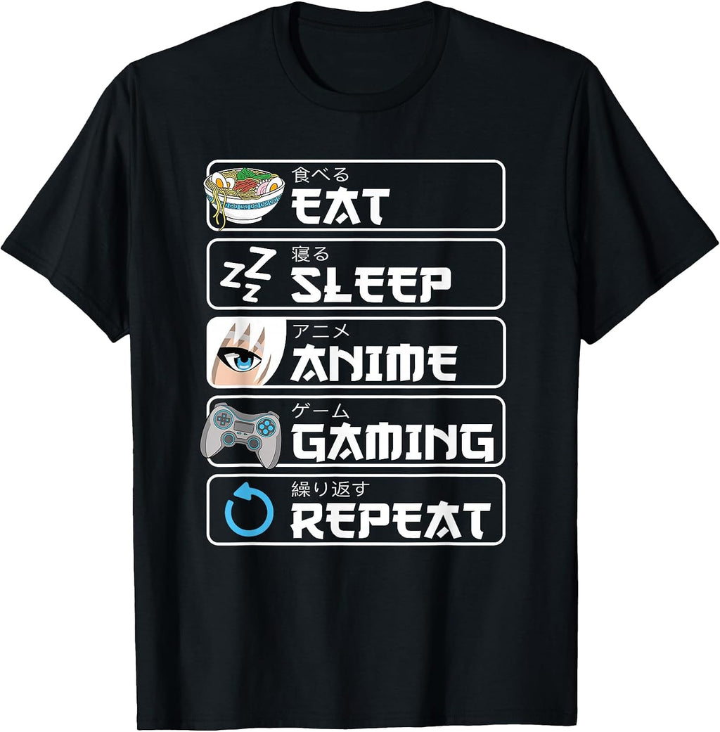 Eat Sleep Anime Gaming Repeat Manga Otaku Men Boys T-Shirt