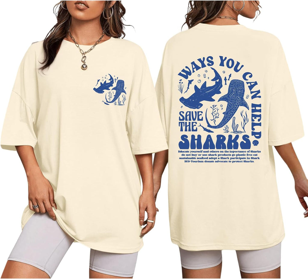 Whale Shark Oversized Shirt for Women Ocean Letter T Shirts Aesthetic Graphic Tees Beach Casual Loose Tops