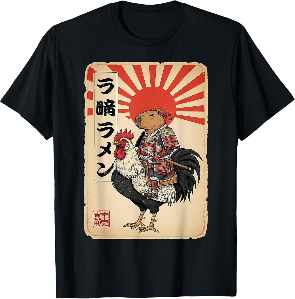 Vintage Japanese Samurai Capybara Rooster Chicken Anime T-Shirt