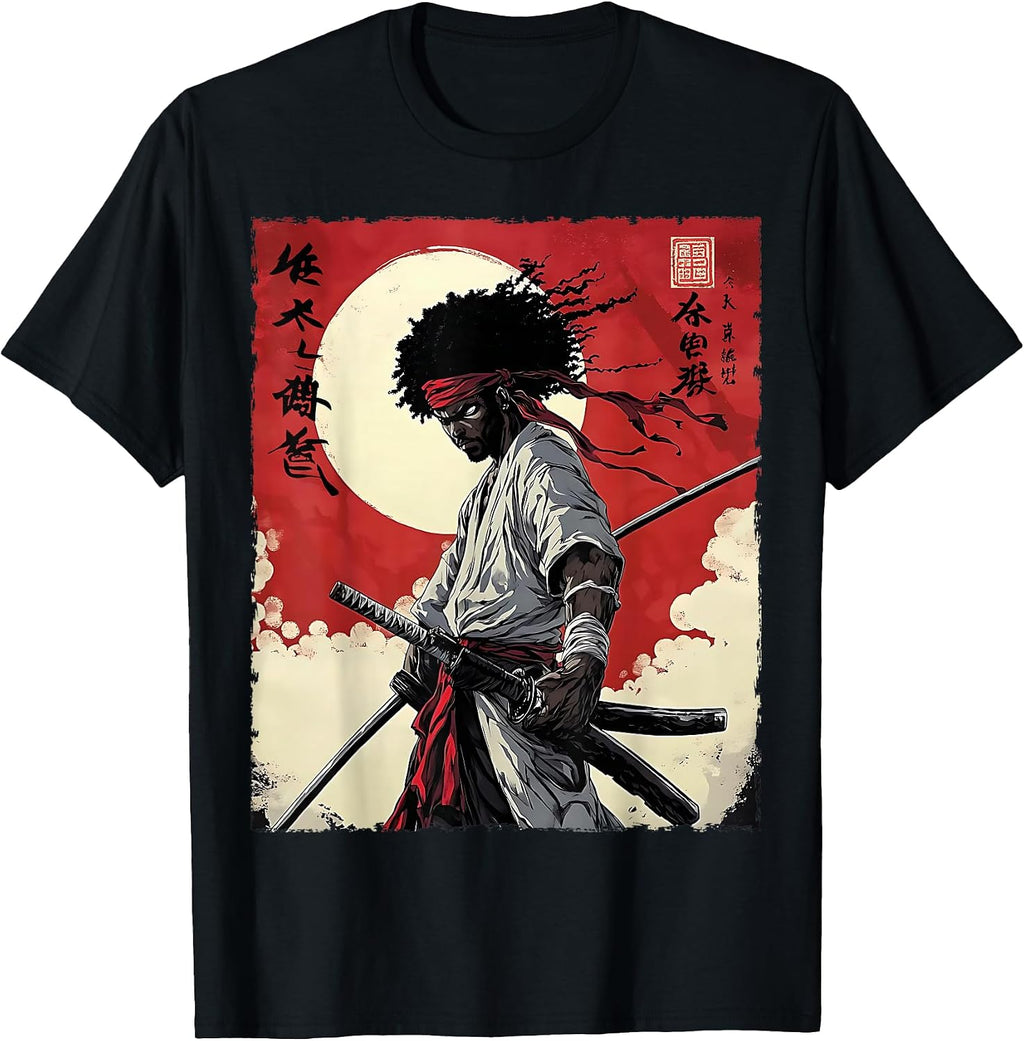 Afro American Samurai Anime Cartoon Japanese Bushido Warrior T-Shirt