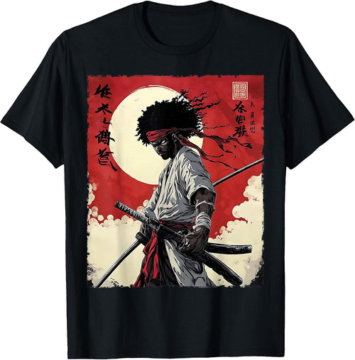 Afro American Samurai Anime Cartoon Japanese Bushido Warrior T-Shirt