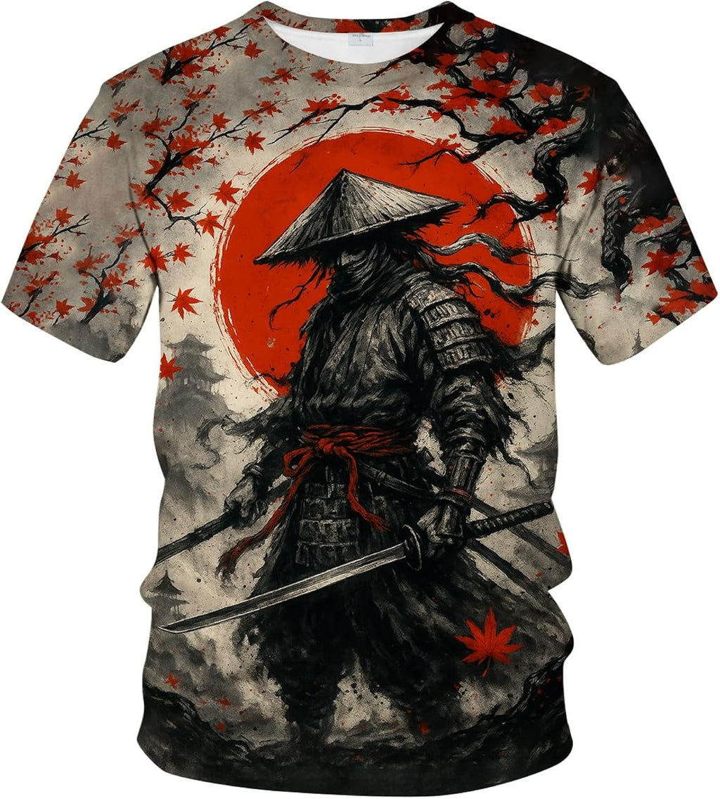 Funny Japanese Warrior Graphic T-Shirt Novelty Short Sleeve Crewneck Shirt