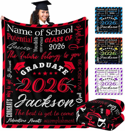 2026 Graduation Gifts, Custom Blanket Graduation Decorations 2026 Red and Black Personalized Fleece Throw Blanket for Kids Adult Party Decor for High School Senior College Student