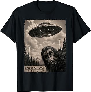 Funny Bigfoot Graphic Tee Alien UFO Vintage Evidence Photo T-Shirt