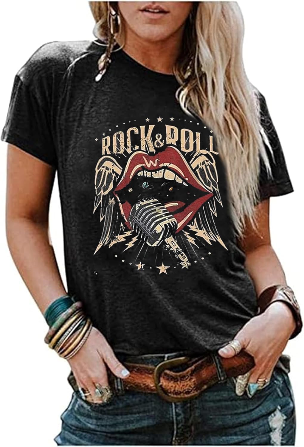 Rock and Roll Shirt Women Vintage Rock Band Concert T-Shirt Casual Graphic Country Music Short Sleeve Tee Tops