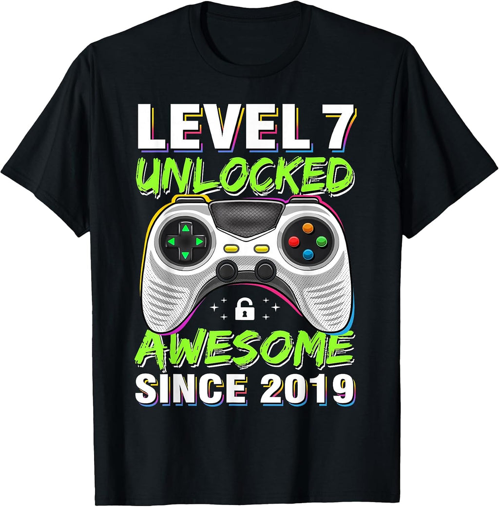 Level 7 Unlocked Awesome Since 2019 7th Birthday Gaming Boys T-Shirt