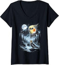 Women's Cockatiel Howling at Moon 90's Retro Parrot V-Neck T-Shirt
