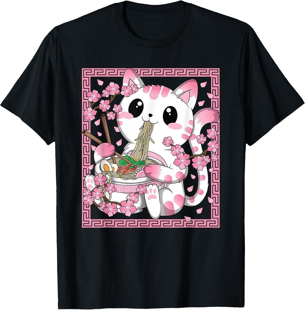 Kawaii Cat Ramen Anime Japanese Cherry Blossom Women Girls T-Shirt