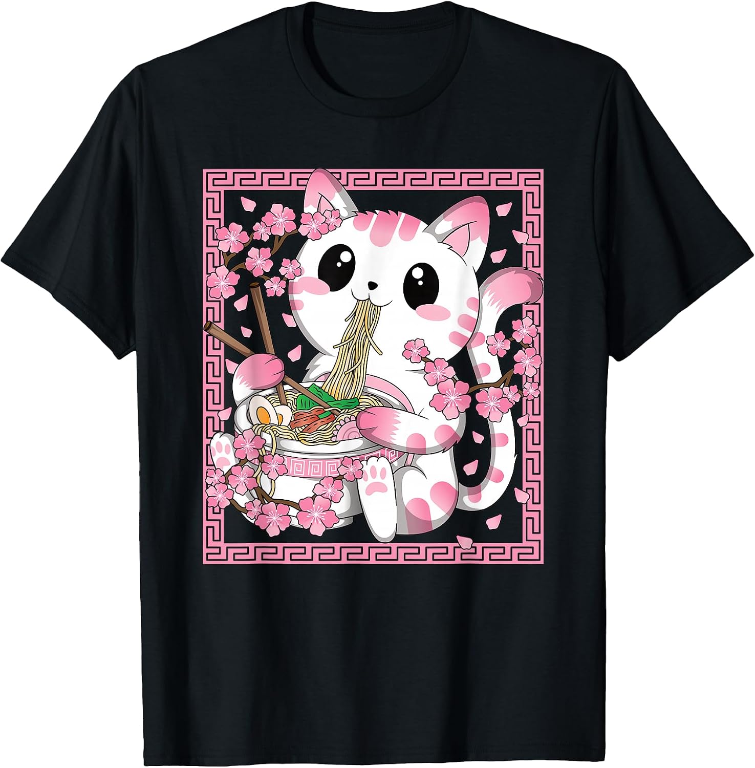 Kawaii Cat Ramen Anime Japanese Cherry Blossom Women Girls T-Shirt