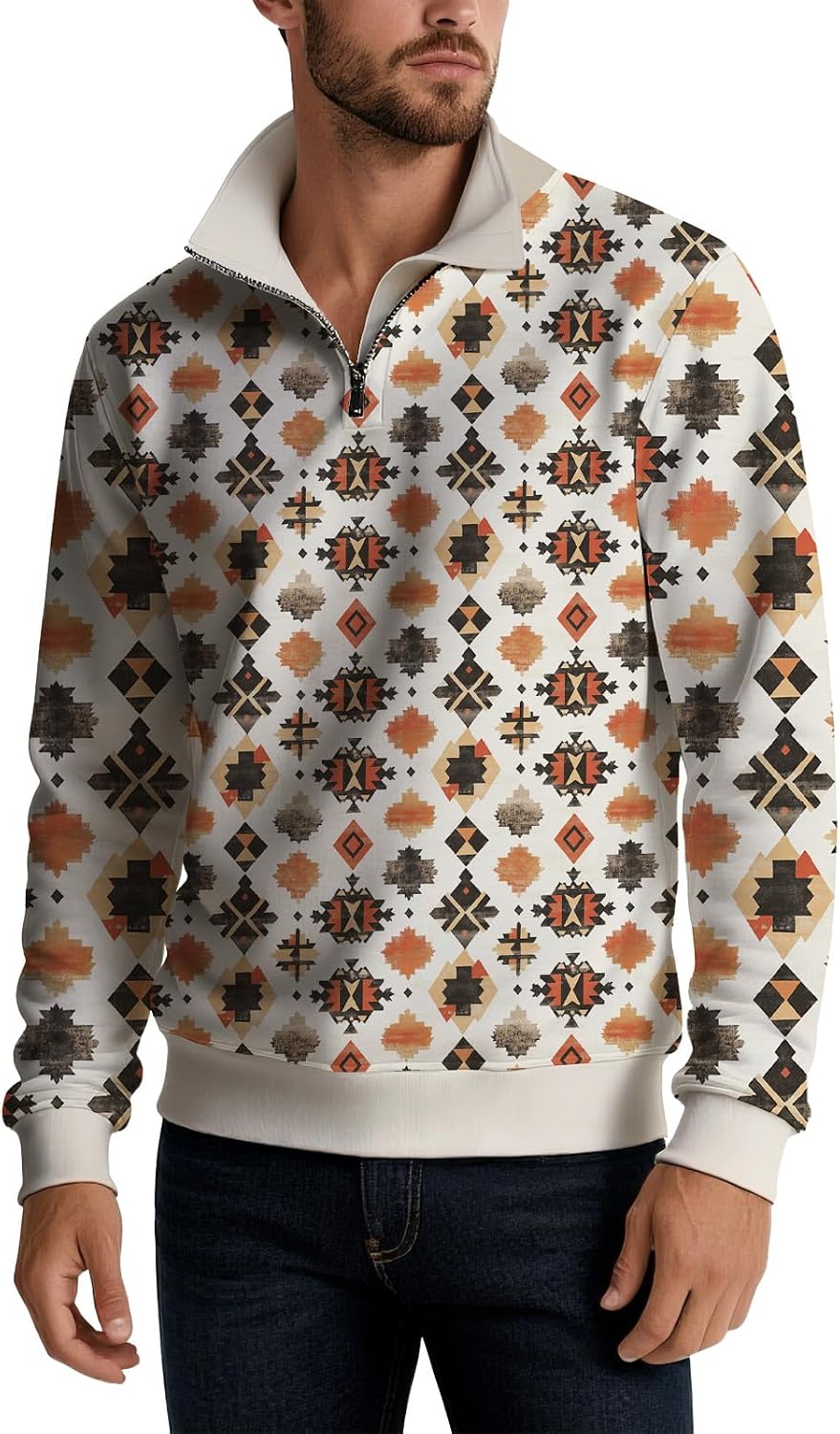 Men's Vintage Style Abstract Printed Shirts Casual Long Sleeve Half Zipper Top Basic Winter Thermal Comfy Outfits