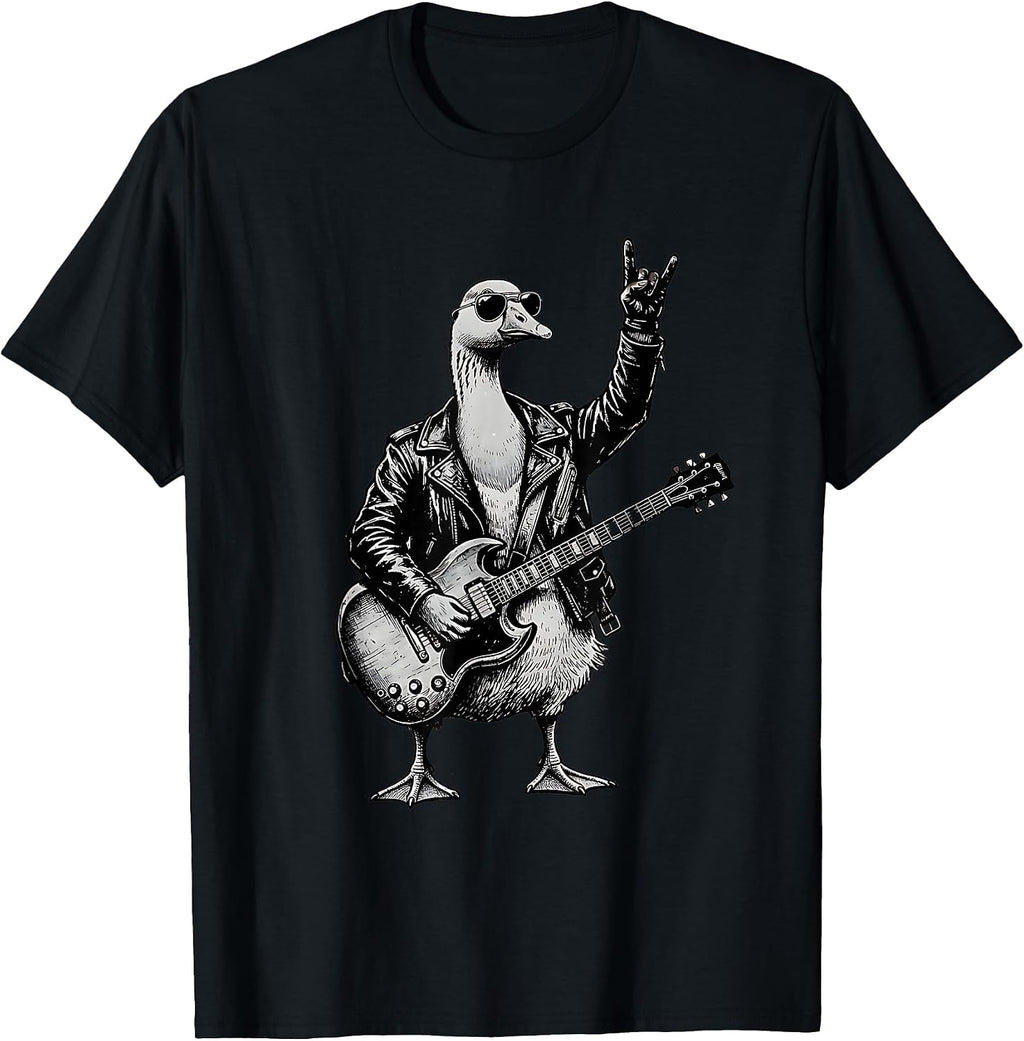 Funny Rock Music Band Goose Playing Guitar Retro Graphic T-Shirt