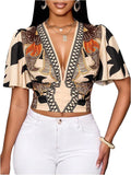 Women's Boho Printed Deep V Neck Short Sleeve Blouse Shirt Summer Casual Crop Tops