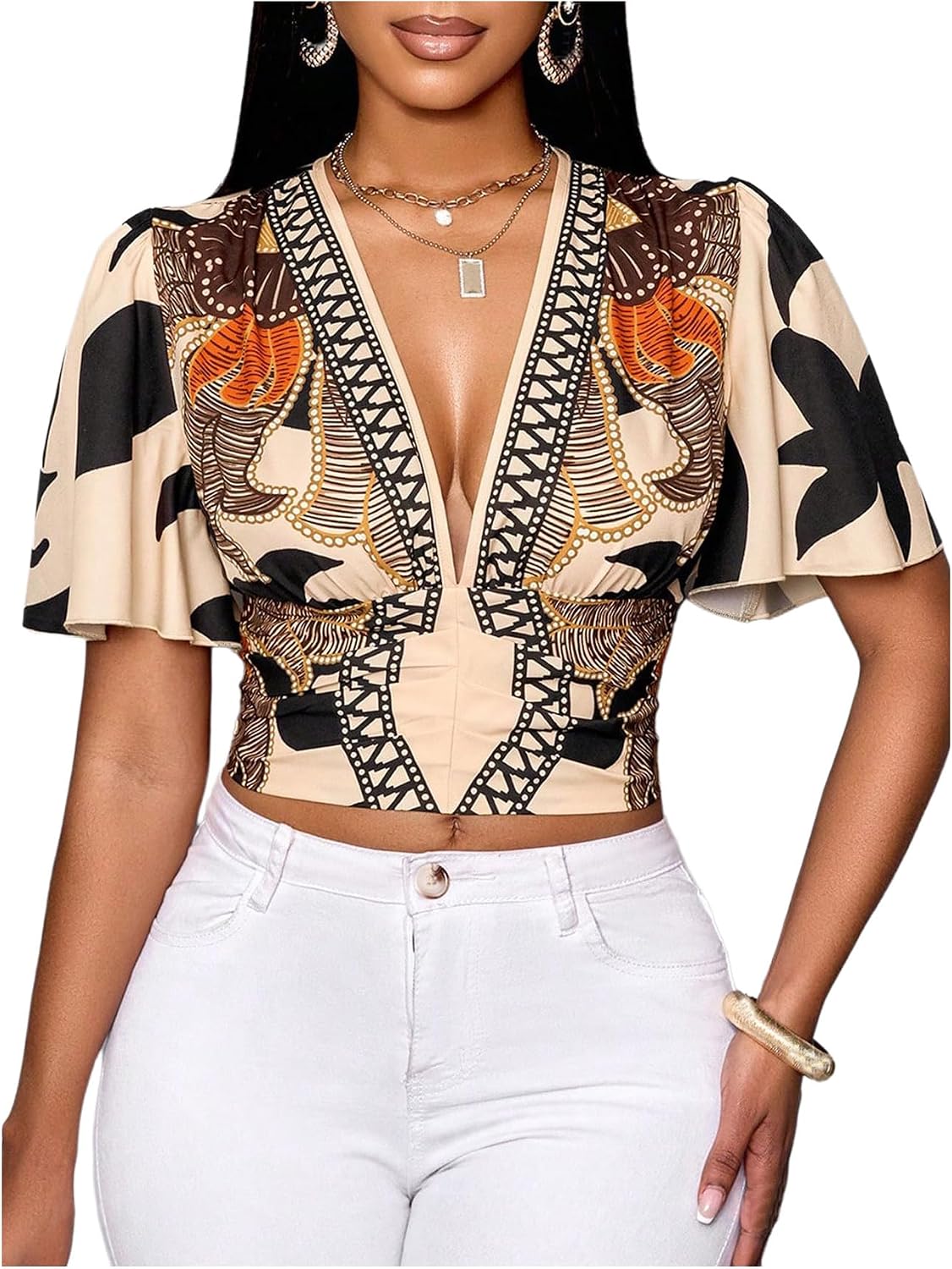 Women's Boho Printed Deep V Neck Short Sleeve Blouse Shirt Summer Casual Crop Tops