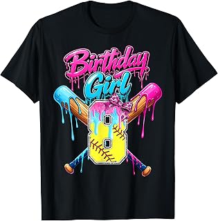 Kids 8th Birthday Girl Softball Ice Cream Drip 8 Years Old T-Shirt