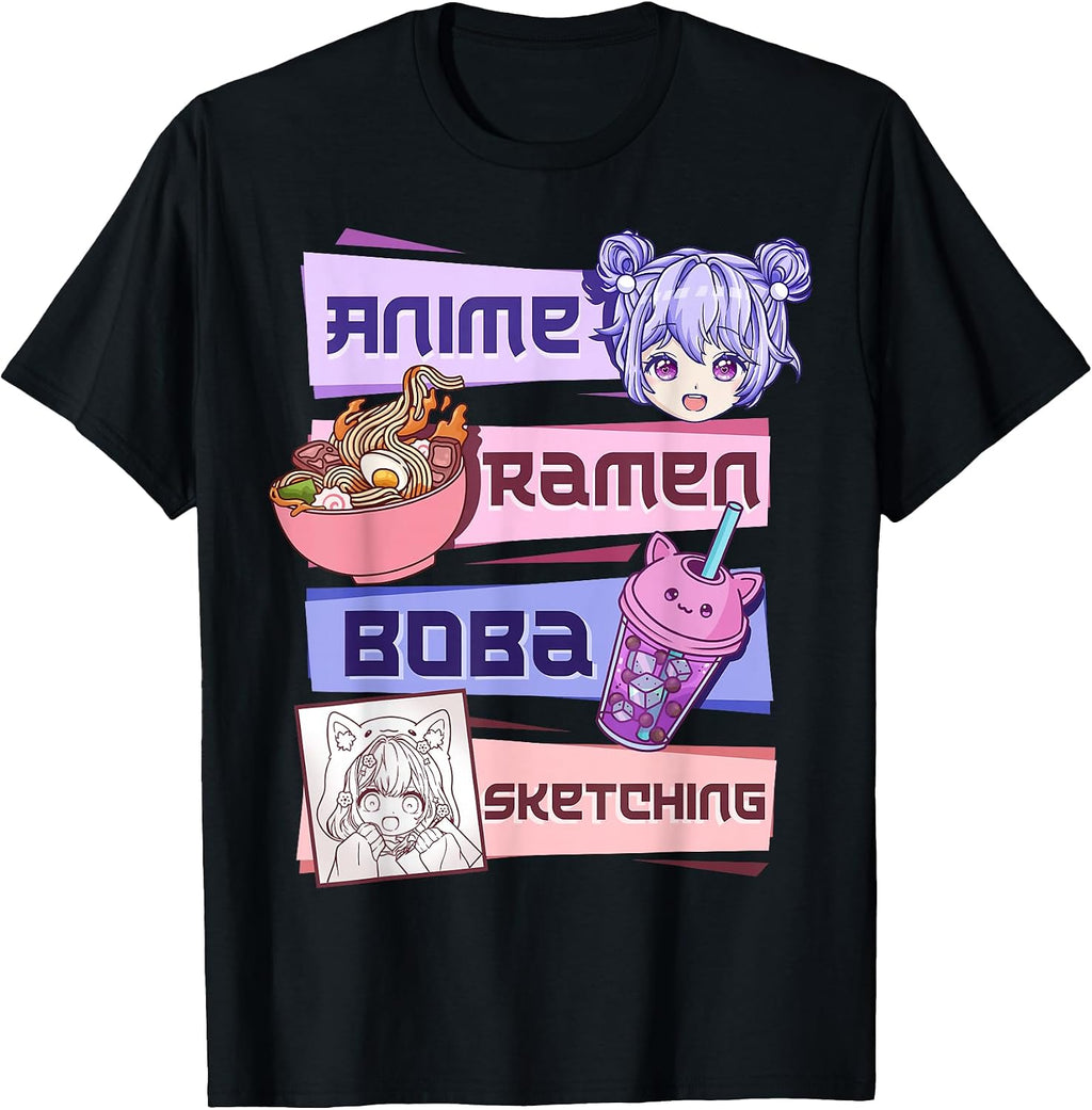 Anime Girl Ramen Boba Tea Bubble Tea Sketching T-Shirt