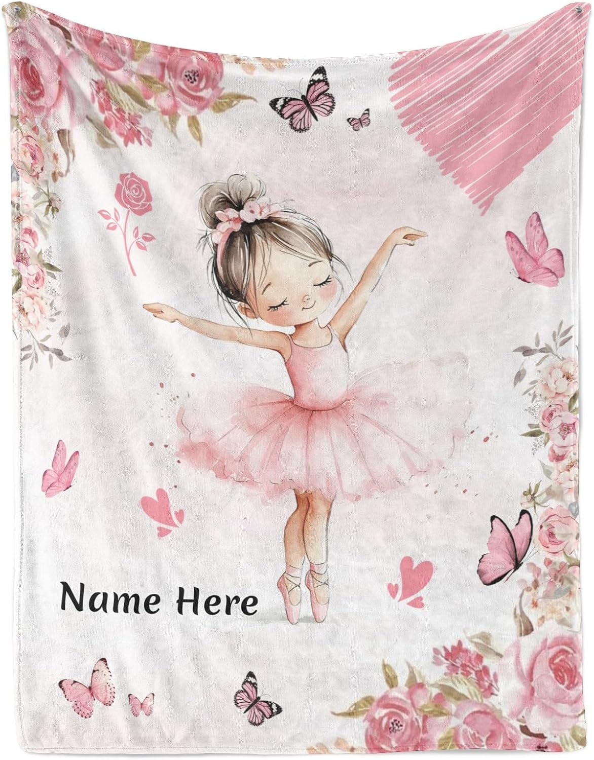 Cute Ballerina Girls Blanket with Text Name, Personalized Throw for Couch Bed, Soft Warm Cozy Gift for Dancers,Ballet Ballerina Teacher