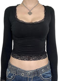 Women Y2k Retro Long Sleeve Shirt Top Slim Fit Lace Trim T-Shirt Harajuku Fairy Aesthetic Tee Tops Streetwear