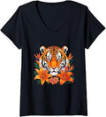 Women's Majestic Tiger with Tropical Orange Flowers V-Neck T-Shirt