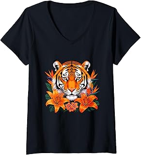 Women's Majestic Tiger with Tropical Orange Flowers V-Neck T-Shirt