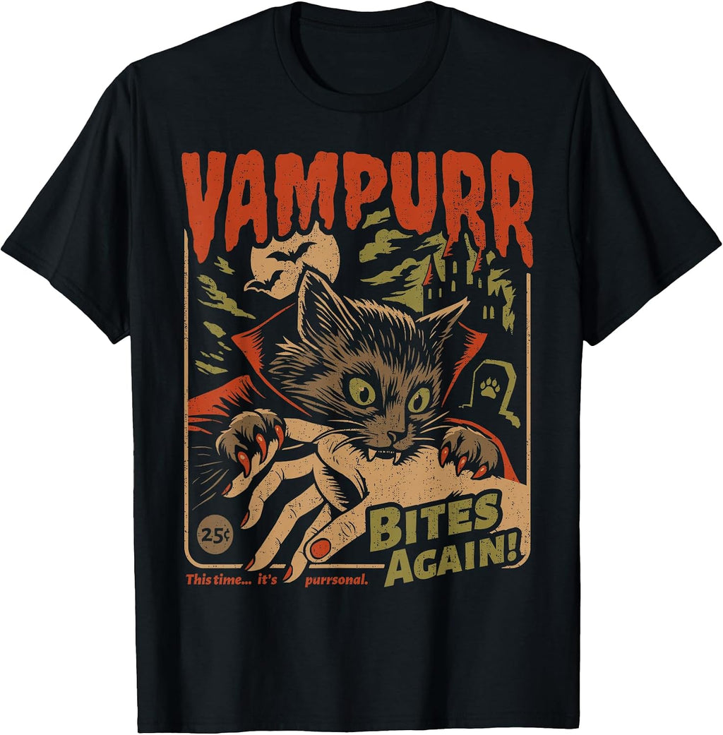 Vampurr Bites Again! Funny Cat Halloween Vintage Graphic T-Shirt