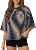 Women Oversized Short Sleeve Crewneck Striped Tshirt Tops Y2K Aesthetic Bloom Drop Shoulder Tee Summer Outfits