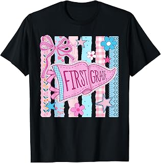 Striped Floral Pennant Flag Back to School First 1st Grade T-Shirt