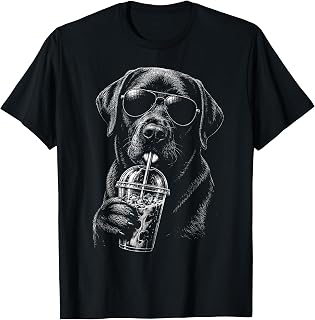 Black Labrador Retriever Drinking Iced Coffee Funny Dog T-Shirt