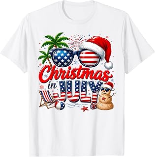 Christmas in July Shirts Beach Summer Santa Hat USA Flag Men T-Shirt