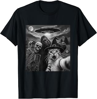 Cat Selfie with Bigfoot Skeleton Alien UFO Funny Cat Lover T-Shirt