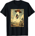 Vintage Japanese Cat Playing Guitar UFO Abduction T-Shirt