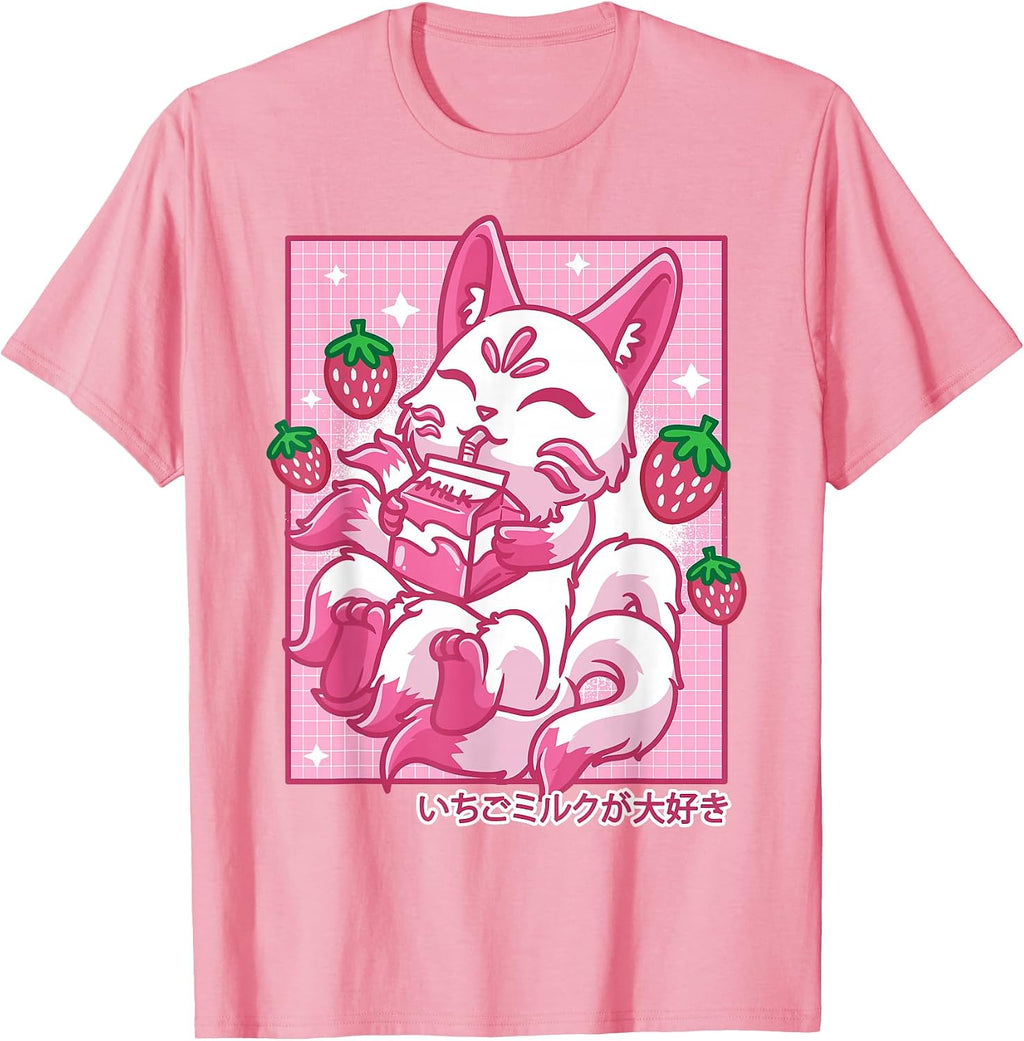 Kitsune Japanese Anime Fox Kawaii Strawberry Milk T-Shirt Small