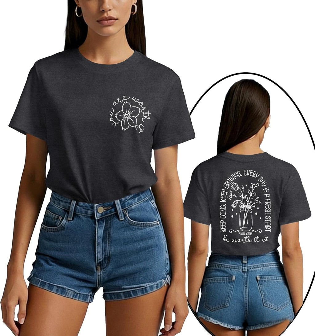 Inspirational Shirts for Women You are Worth It T-Shirt Front Back Floral Tee Tops
