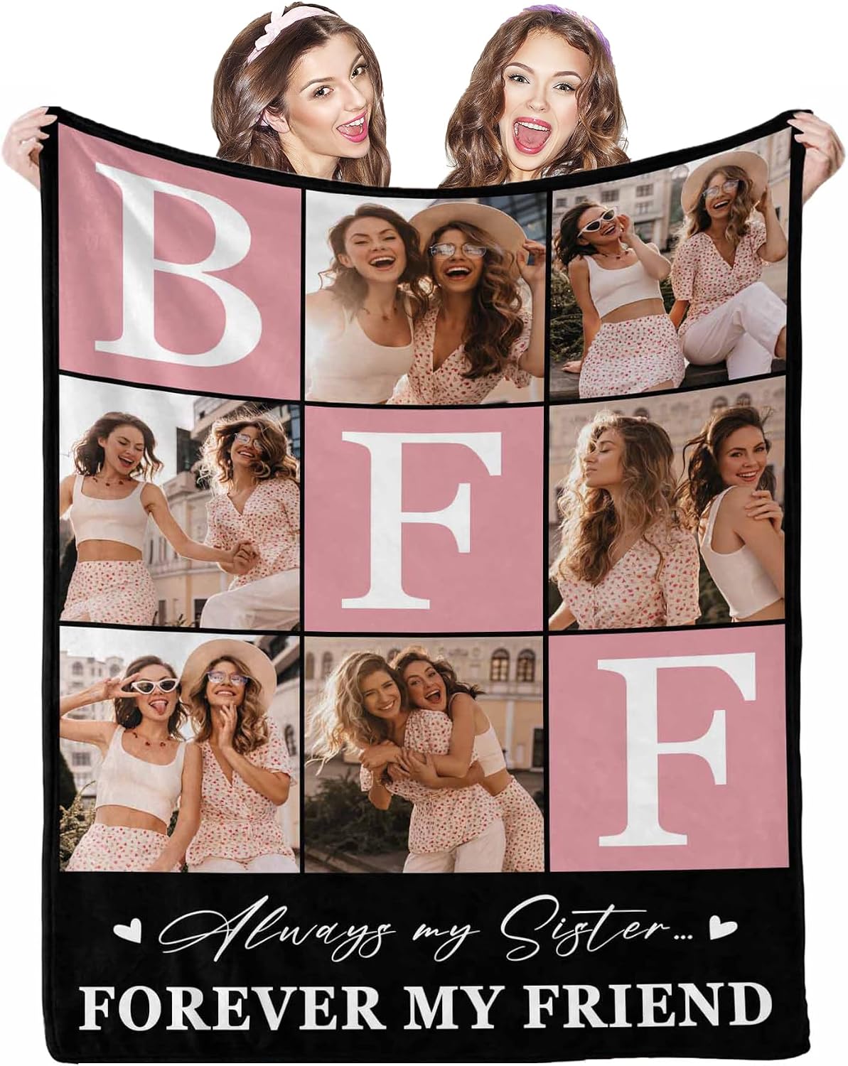 BFF Personalized Blanket with Photo and Pictures - Customized Gift for Best Friendship - Women Friends Personalized Gift, 8 Sizes