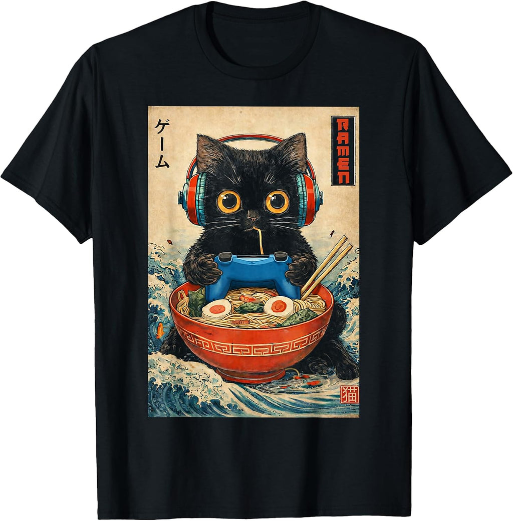 Cat Ramen Japanese Funny Graphic Tees Kawaii Cat Anime Gifts T-Shirt