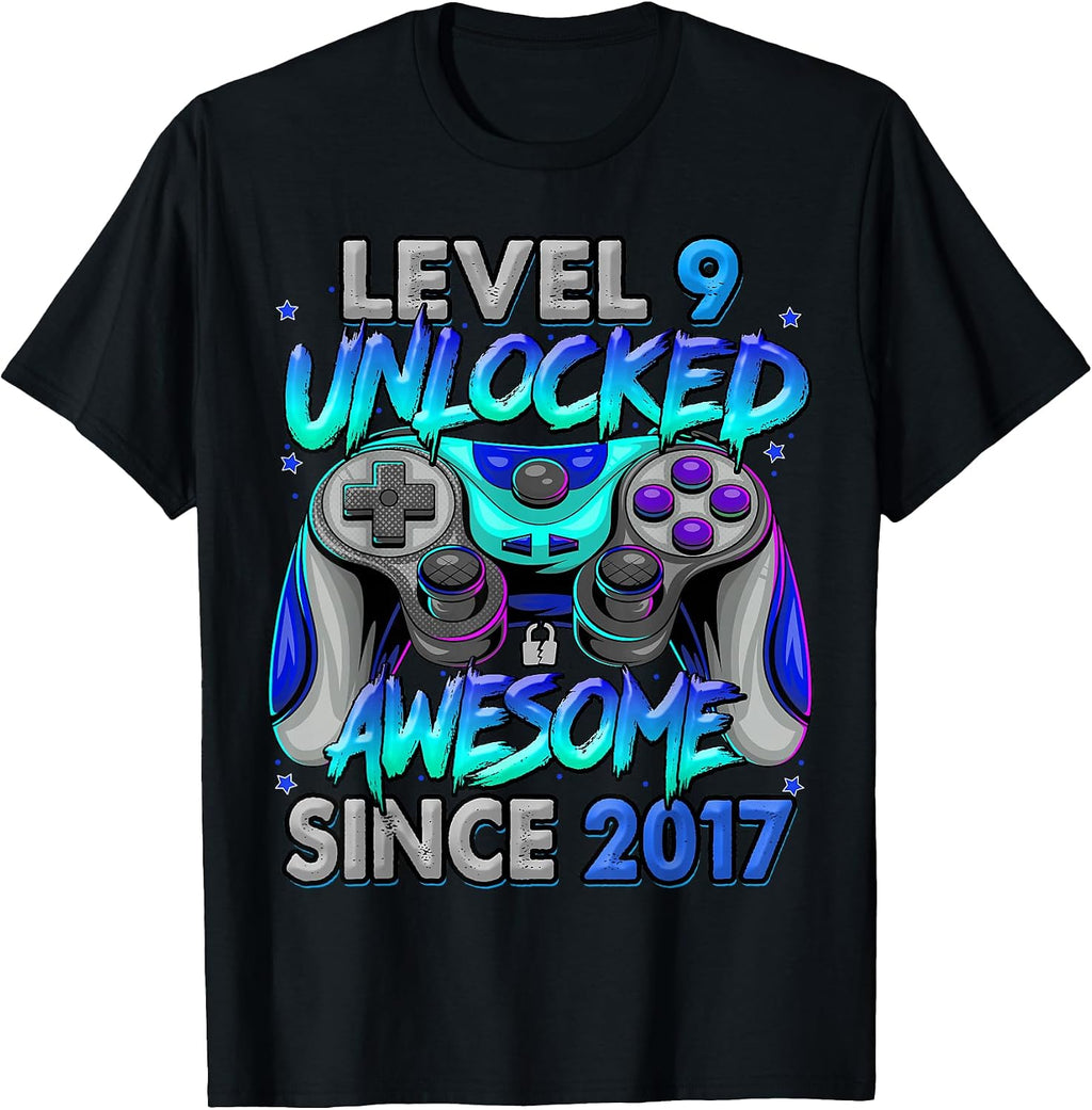 Level 9 Unlocked Awesome Since 2017 9th Birthday Gaming T-Shirt