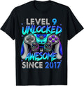 Level 9 Unlocked Awesome Since 2017 9th Birthday Gaming T-Shirt