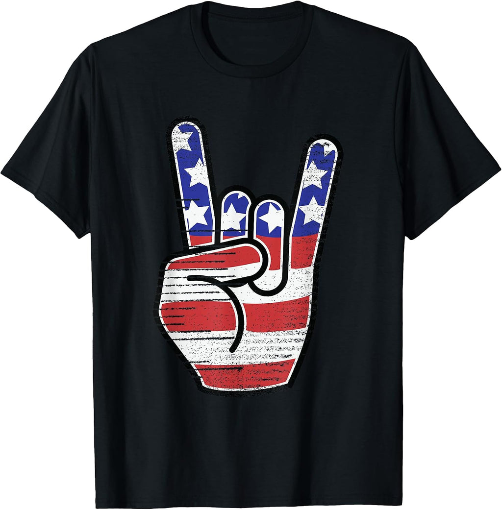 Rock n Roll Shirt USA Flag Horns Sign Retro Concert Band T-Shirt