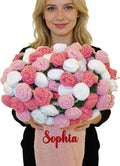 Custom Crochet Rose Bouquet Blanket for Women - Embroidered Name, Personalized Flower Cotton Throw Gift for Mother's Day, Teachers' Day, Birthday White & Pink