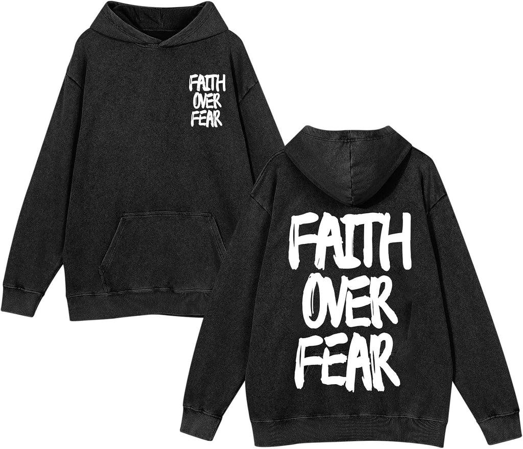 Christian Hoodies for Men Faith Over Fear Graphic Hoodie Jesus Religious Sweatshirts Vintage Acid Wash Pullover Tops
