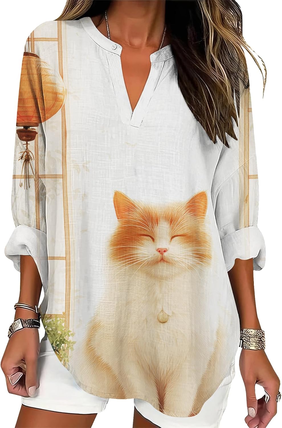 Women's Lovely Cat Printed Shirts Casual V Neck Long Sleeve Work Top Summer Wild Flower Pattern Comfy Blouses