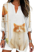 Women's Lovely Cat Printed Shirts Casual V Neck Long Sleeve Work Top Summer Wild Flower Pattern Comfy Blouses
