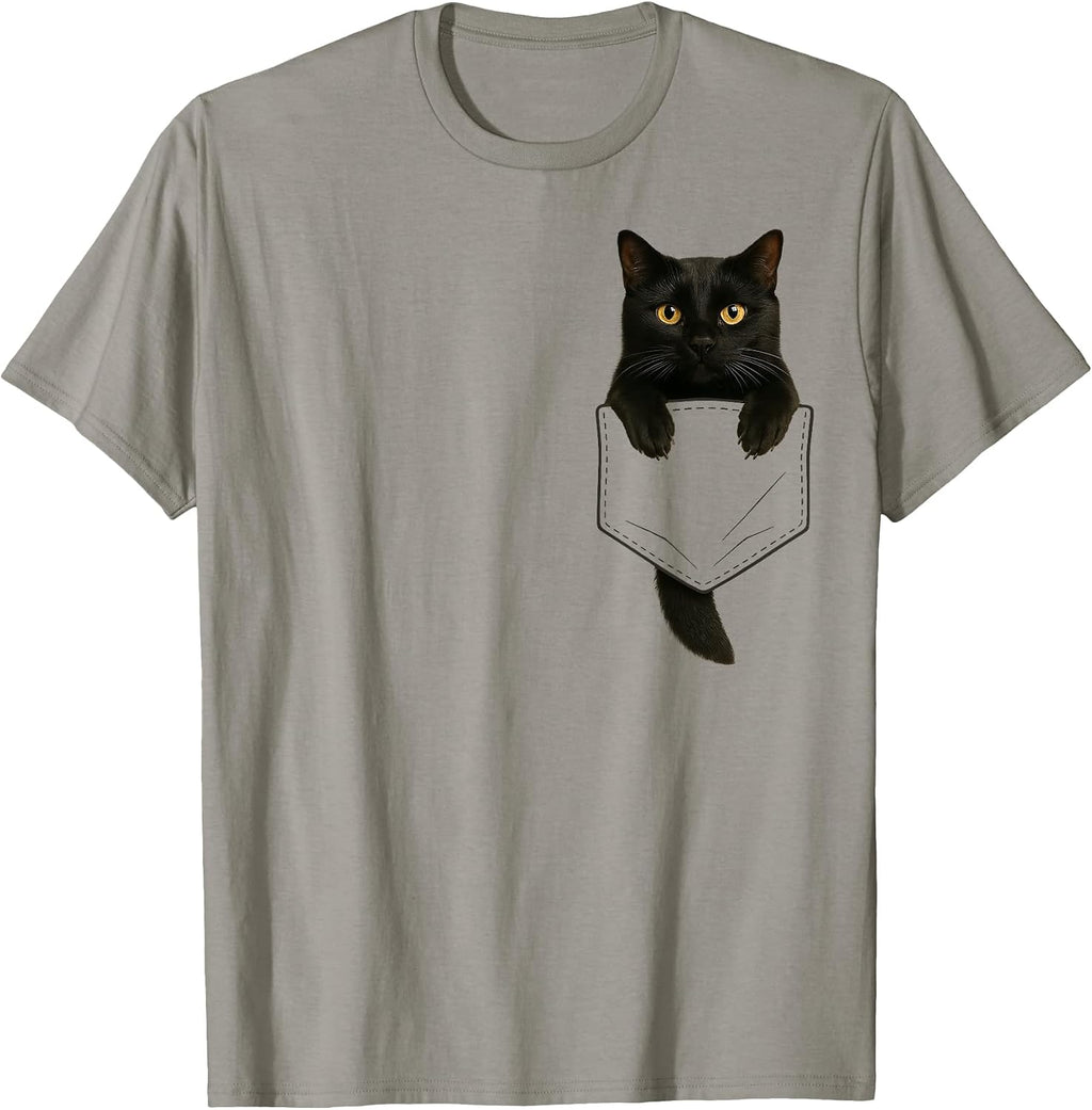 Cute Black Cat Pocket Funny Gifts Cat Mom Cat Dad Cat Lover T-Shirt