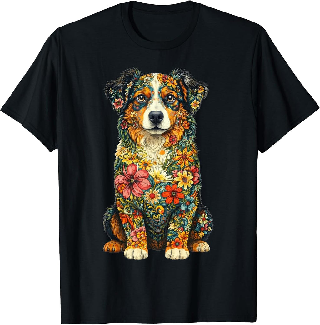 Floral Australian Shepherd Aussie Lover Dog Moms Mama Women T-Shirt
