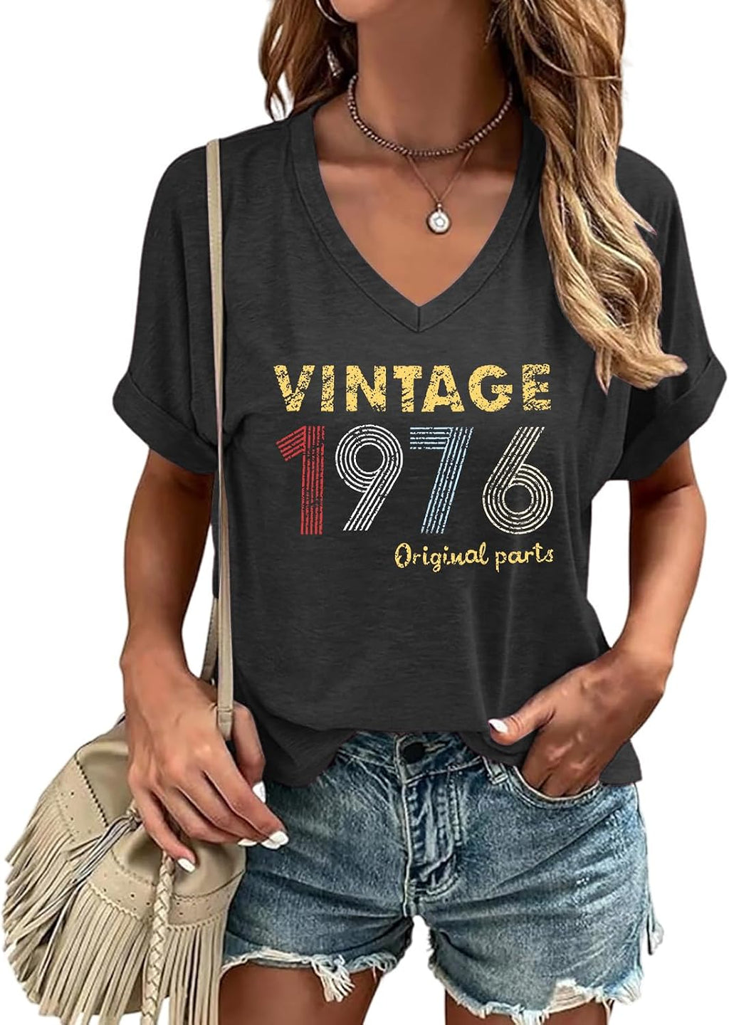 Vintage 1976 T Shirts for Women 50th Birthday Gifts Letter Print Retro Party Tops Casual V Neck Tee Tshirts