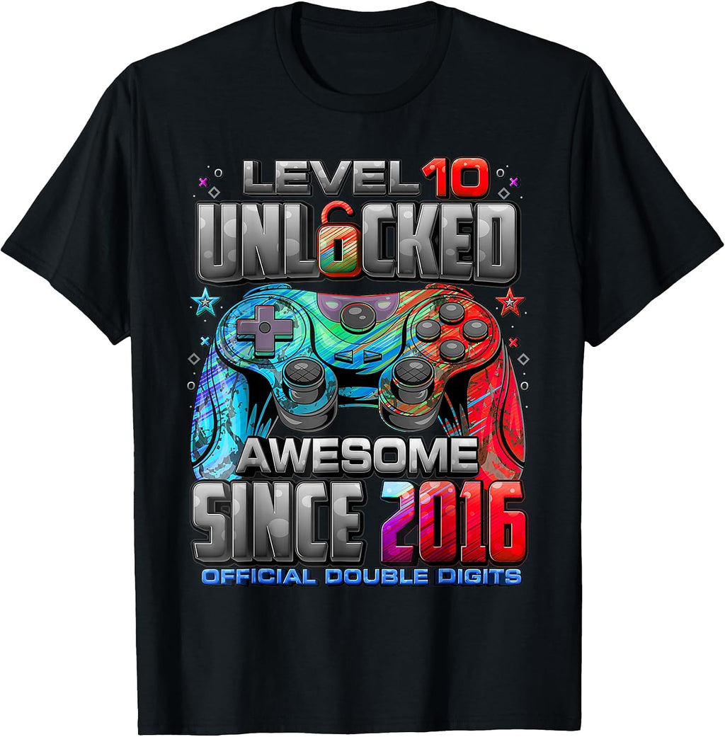 Level 10 Unlocked Awesome Since 2016 10th Birthday Boy Gamer T-Shirt
