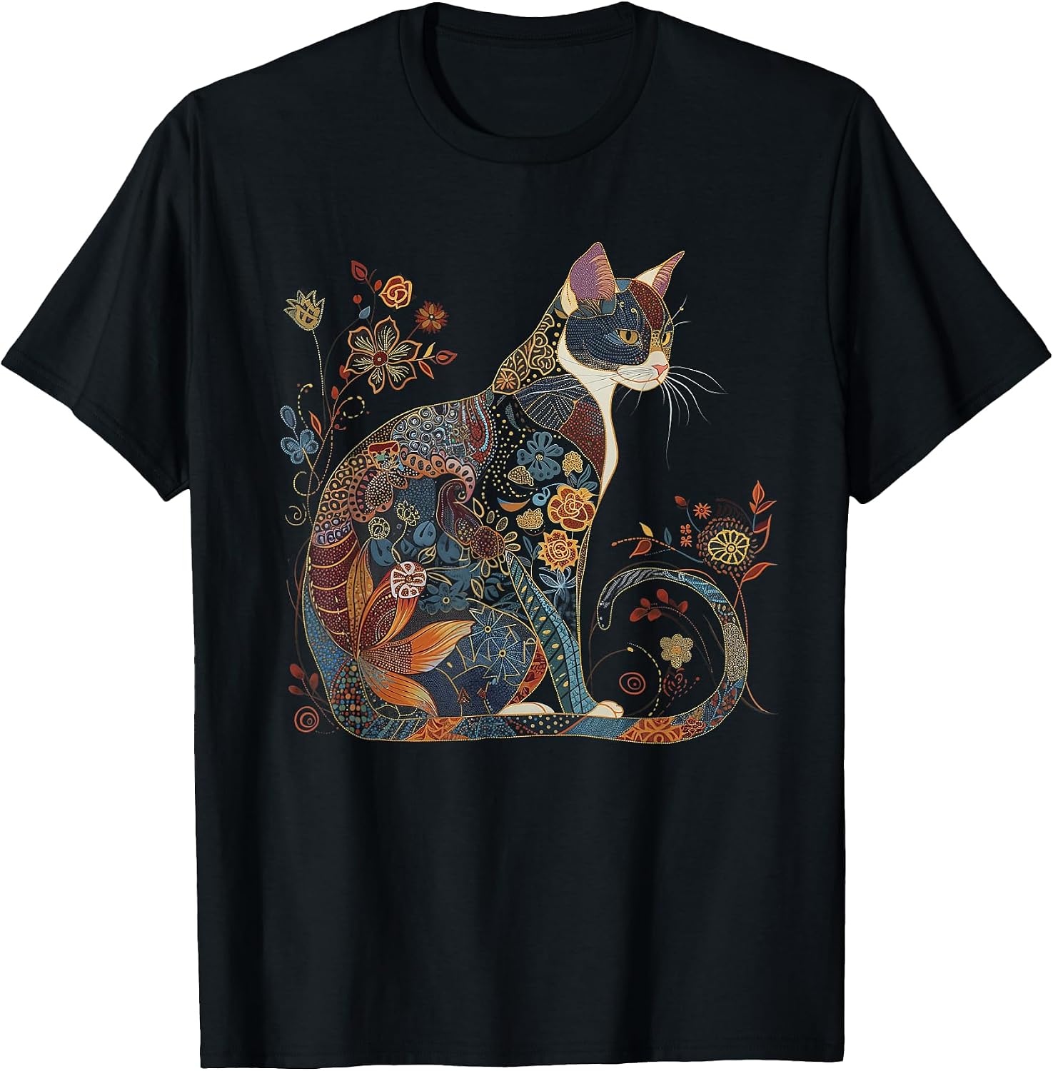 Cat Colorful Floral Patterns Vintage Flowers Art Cat Lover T-Shirt
