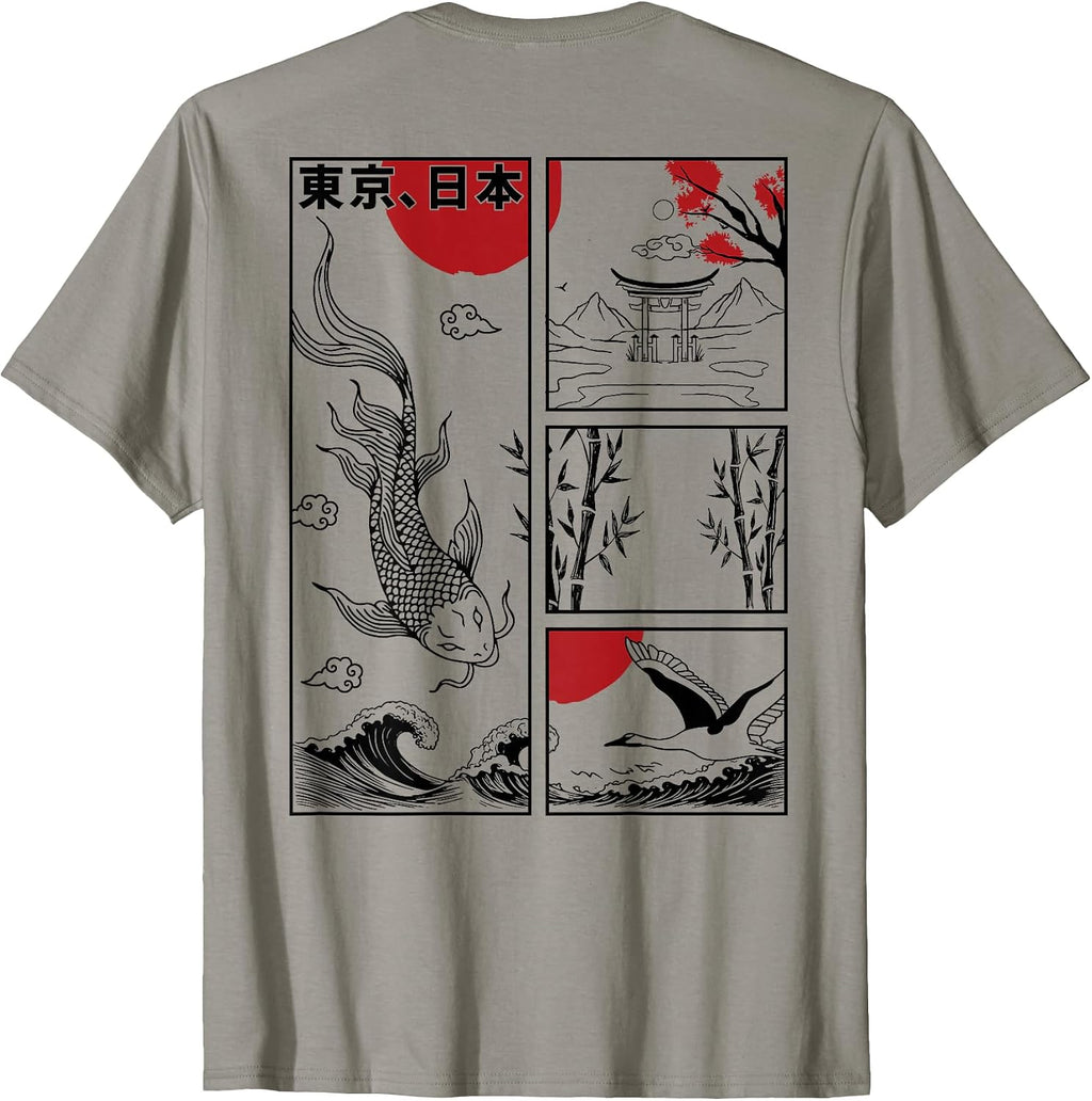 Japanese Koi Fish The Great Wave Off Kanagawa Kanji (Back) T-Shirt