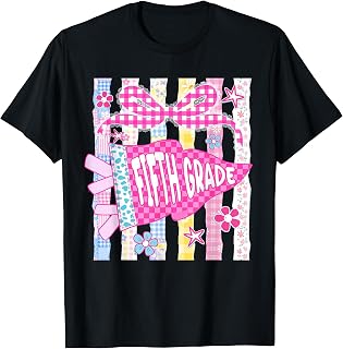 Striped Floral Pennant Flag Fifth Grade Back to School Girls T-Shirt