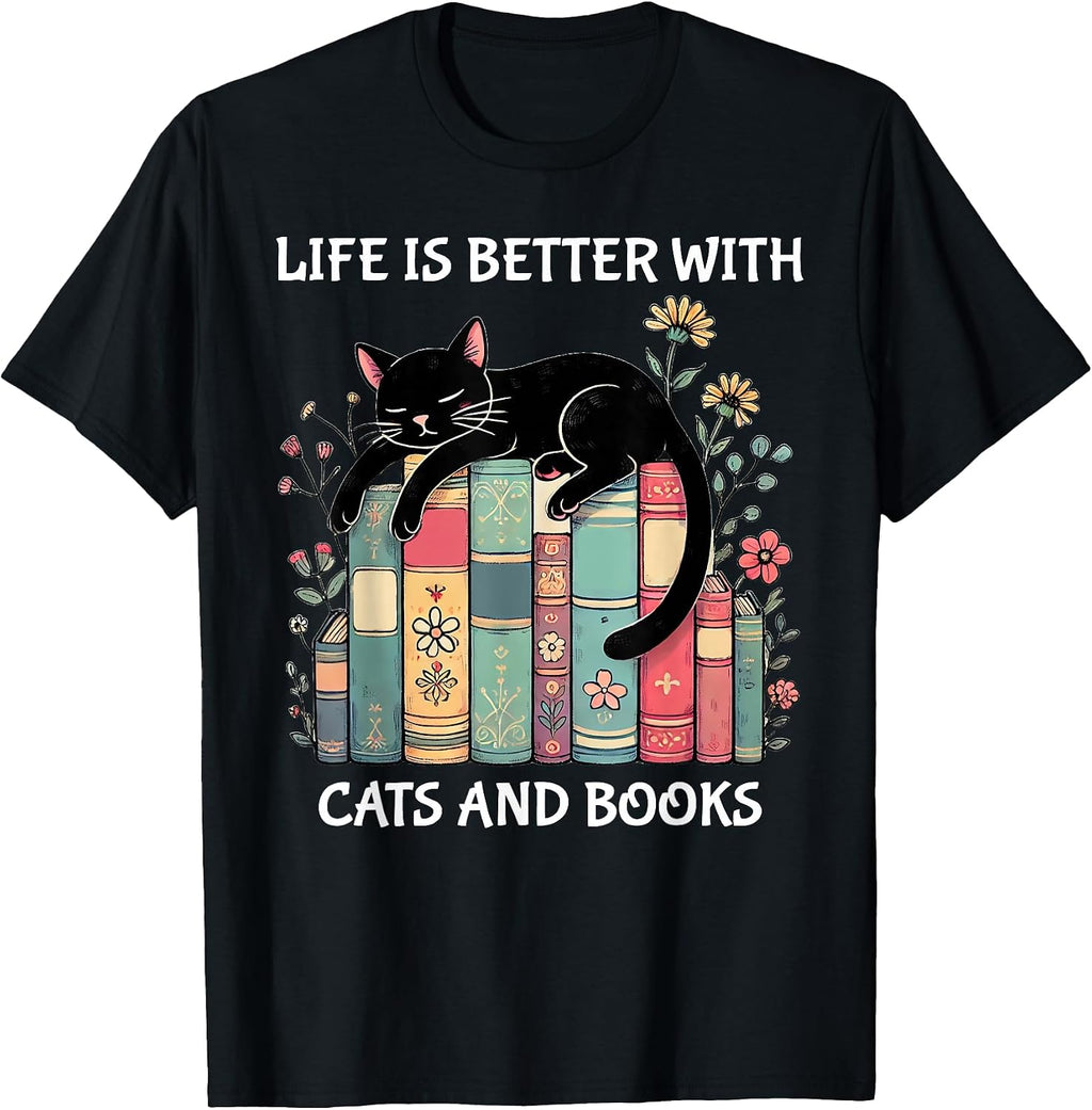 Life is Better with Cats and Books Cute Cat Lover T-Shirt
