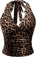 Women's Leopard Print Ruched Halter Crop Tops V Neck Tie Back Sleeveless Slim Fit Cami Tops